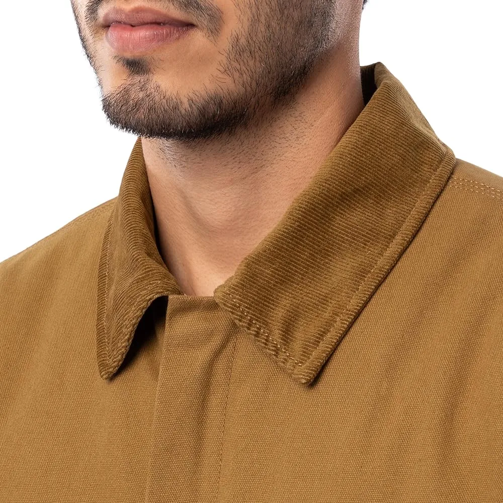 Close-up of a durable twill work jacket collar